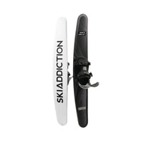 Two black trampoline skis with bindings on a white background