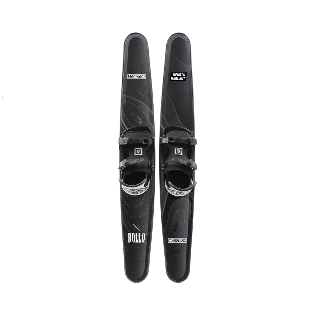 Two black trampoline skis with bindings on a white background
