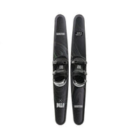 Two black trampoline skis with bindings on a white background